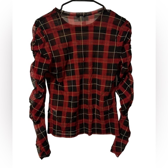*CLEARANCE* Bar III sheer chiffon ruched sleeve red & black plaid long sleeve - Picture 3 of 9